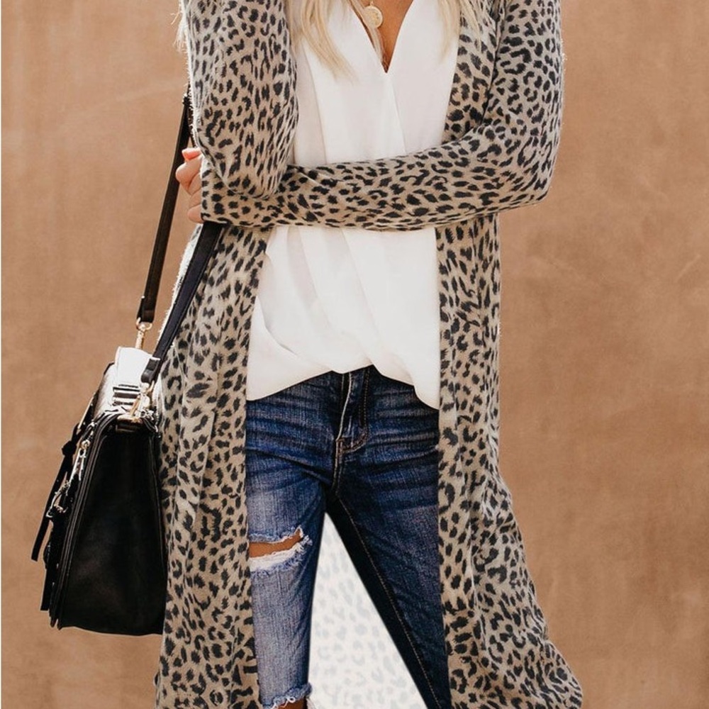 Women Leopard Print Long Sleeve cover up kimono cover up cardigan cheetah print - Picture 1 of 4